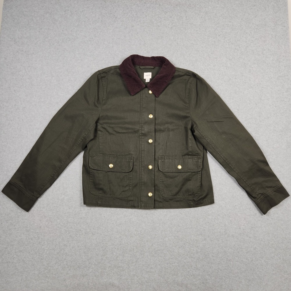 J Crew Field Jacket Womens Small Green Treated Cotton Corduroy Collar Snap - Picture 2 of 15